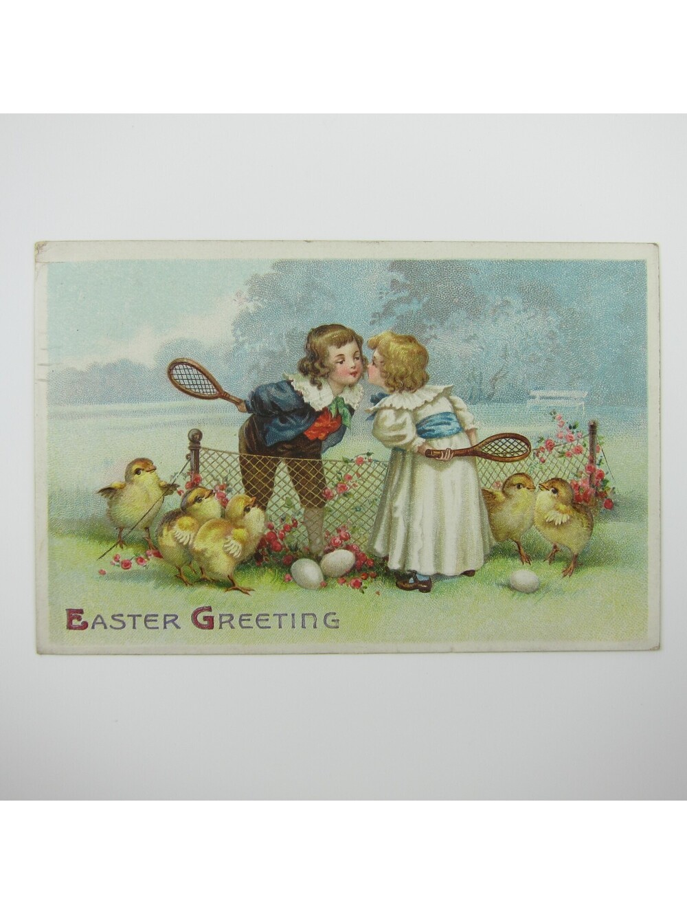 Easter Postcard Boy & Girl Play Tennis Yellow Chicks Embossed Antique 1912